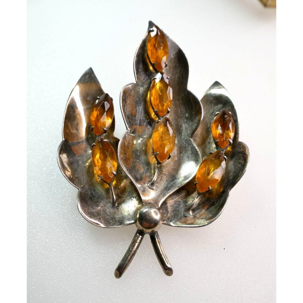 BIG Signed Jolle Large Sterling Silver Brooch With Amber Crystals